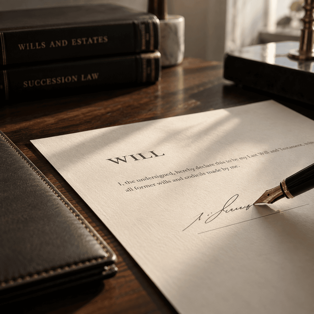 A signed will resting on a desk beside a fountain pen